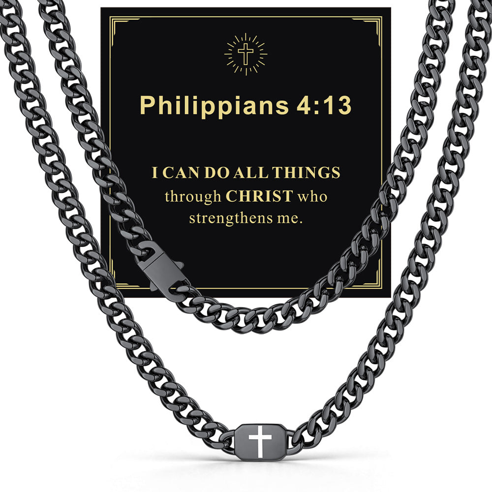 Black 9mm Psalm 23 — Bible Verse Cross Cuban Chain Link Necklace for Men