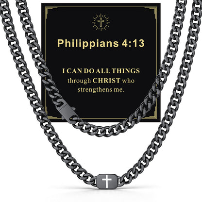 Black 9mm Psalm 23 — Bible Verse Cross Cuban Chain Link Necklace for Men