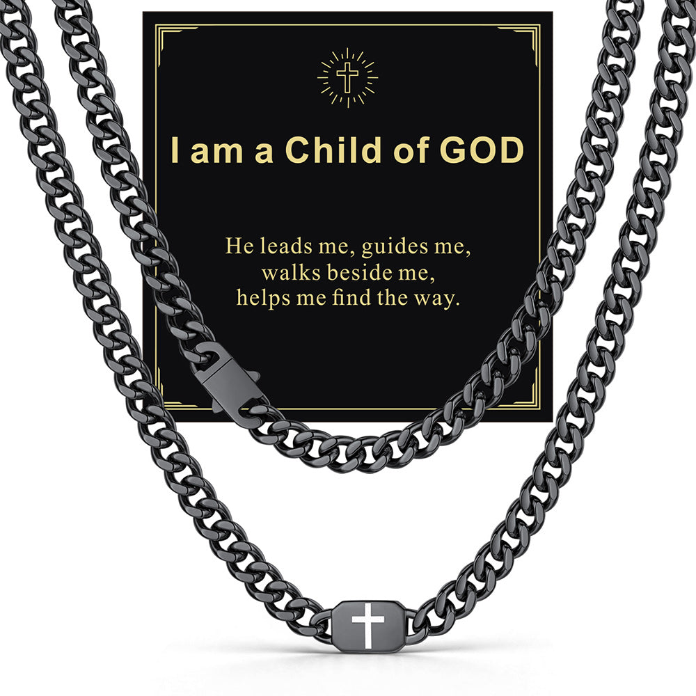 Black 9mm Joshua 1:9 — Bible Verse Cross Cuban Chain Link Necklace for Men