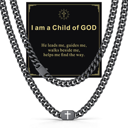 Black 9mm Joshua 1:9 — Bible Verse Cross Cuban Chain Link Necklace for Men