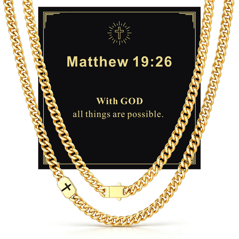 14k Gold 7mm Matthew 19:26 — Bible Verse Cross Cuban Chain Link Necklace for Men