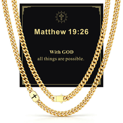 14k Gold 7mm Matthew 19:26 — Bible Verse Cross Cuban Chain Link Necklace for Men