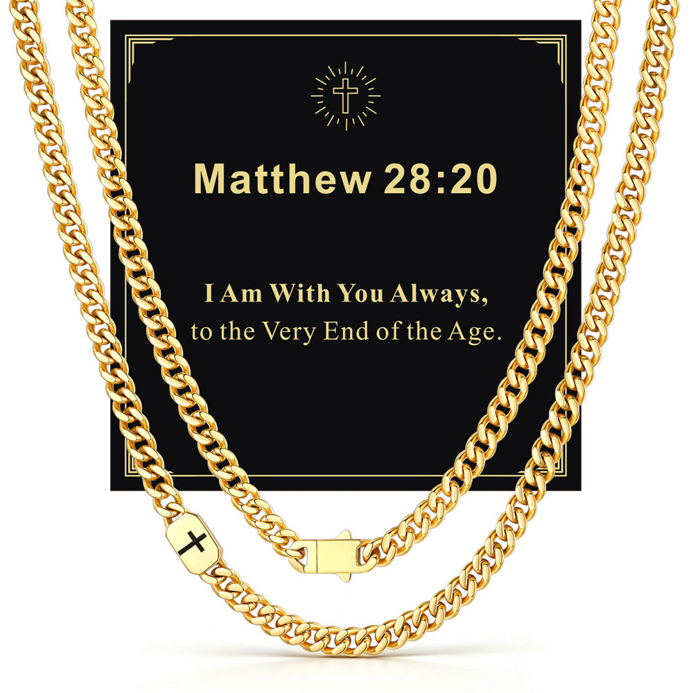 14k Gold 7mm Matthew 28:20 — Bible Verse Cross Cuban Chain Link Necklace for Men