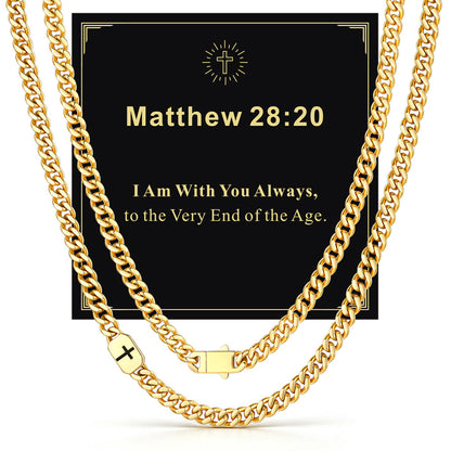 14k Gold 7mm Matthew 28:20 — Bible Verse Cross Cuban Chain Link Necklace for Men