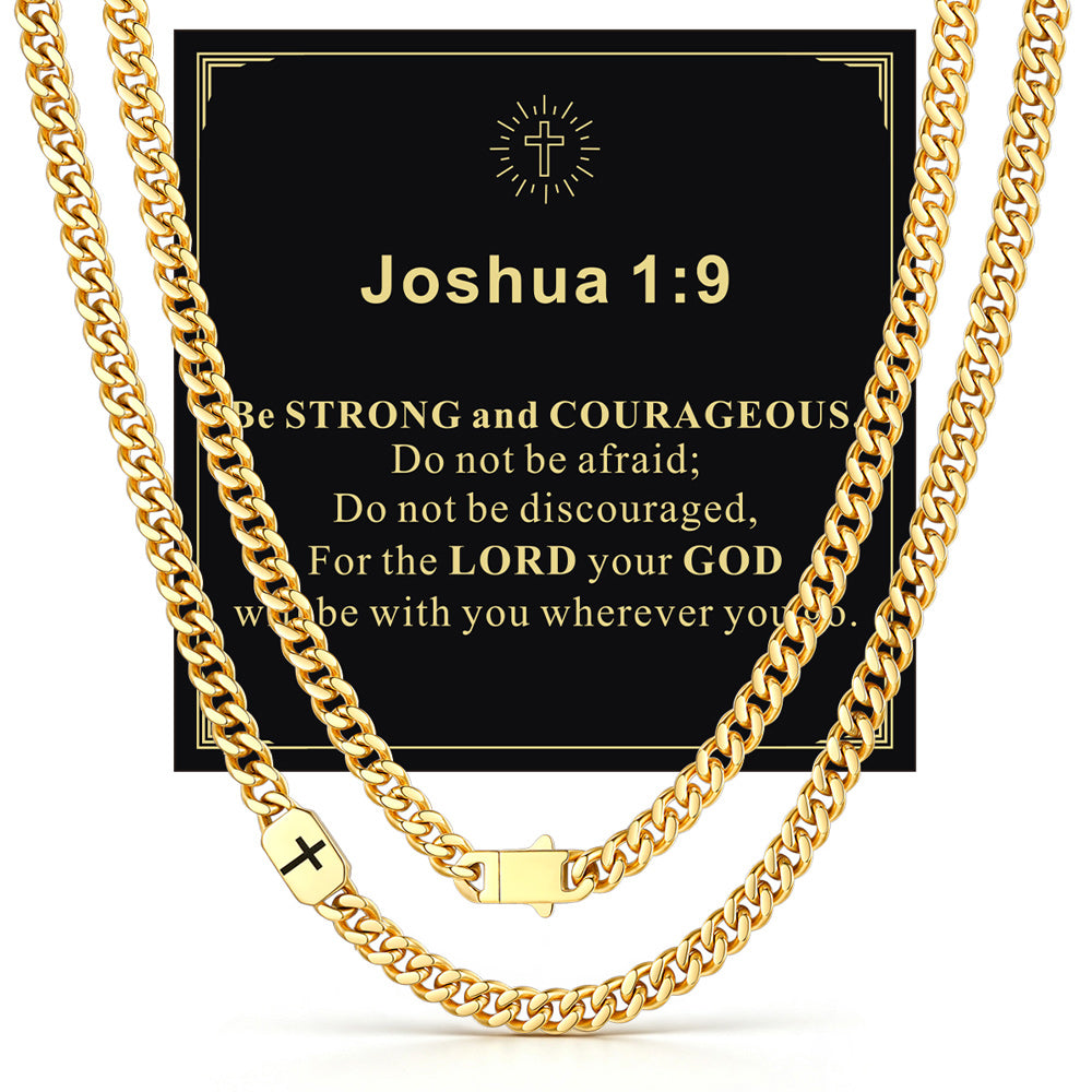 14k Gold 7mm Joshua 1:9 — Bible Verse Cross Cuban Chain Link Necklace for Men