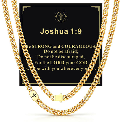 14k Gold 7mm Joshua 1:9 — Bible Verse Cross Cuban Chain Link Necklace for Men
