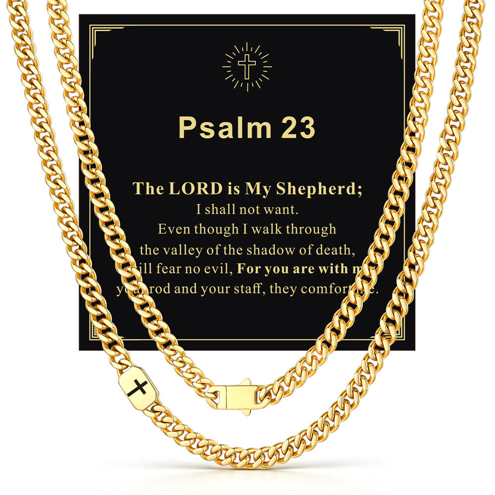 14k Gold 7mm Psalm 23 — Bible Verse Cross Cuban Chain Link Necklace for Men