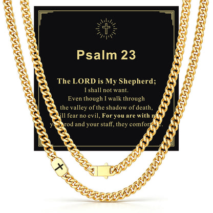 14k Gold 7mm Psalm 23 — Bible Verse Cross Cuban Chain Link Necklace for Men