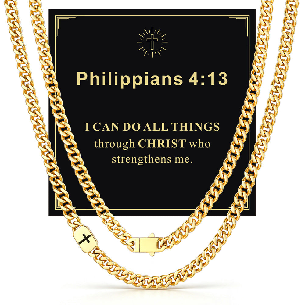 14k Gold 7mm Philippians 4:13 — Bible Verse Cross Cuban Chain Link Necklace for Men
