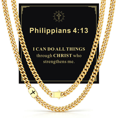 14k Gold 7mm Philippians 4:13 — Bible Verse Cross Cuban Chain Link Necklace for Men