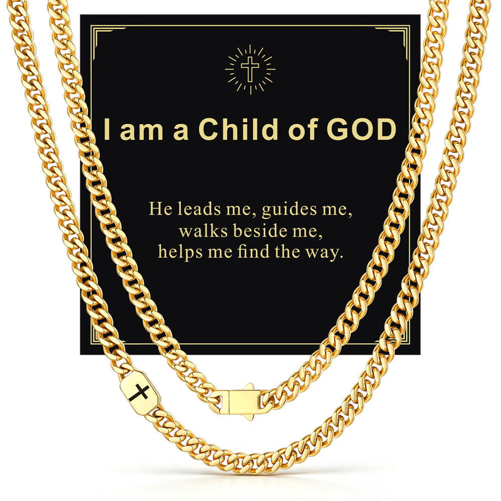 14k Gold 7mm I am a Child of GOD — Bible Verse Cross Cuban Chain Link Necklace for Men