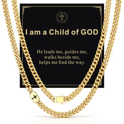 14k Gold 7mm I am a Child of GOD — Bible Verse Cross Cuban Chain Link Necklace for Men
