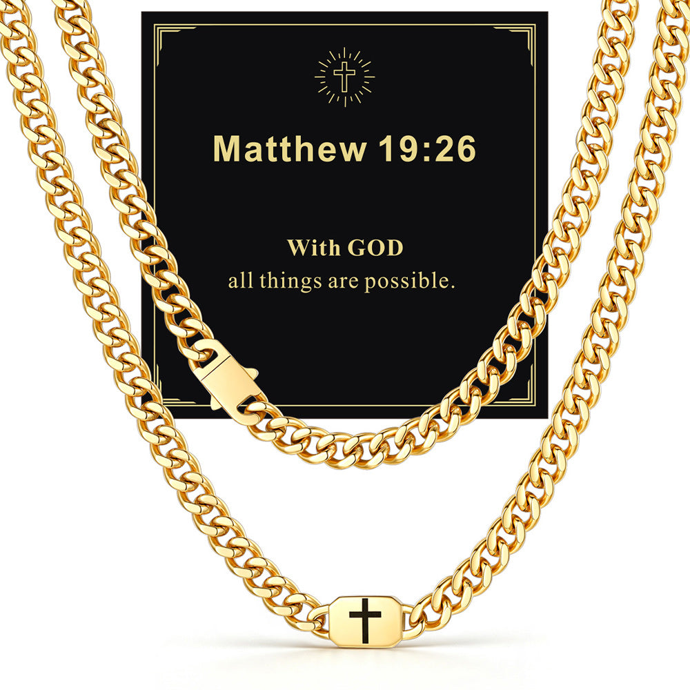 14k Gold 9mm Matthew 19:26 — Bible Verse Cross Cuban Chain Link Necklace for Men