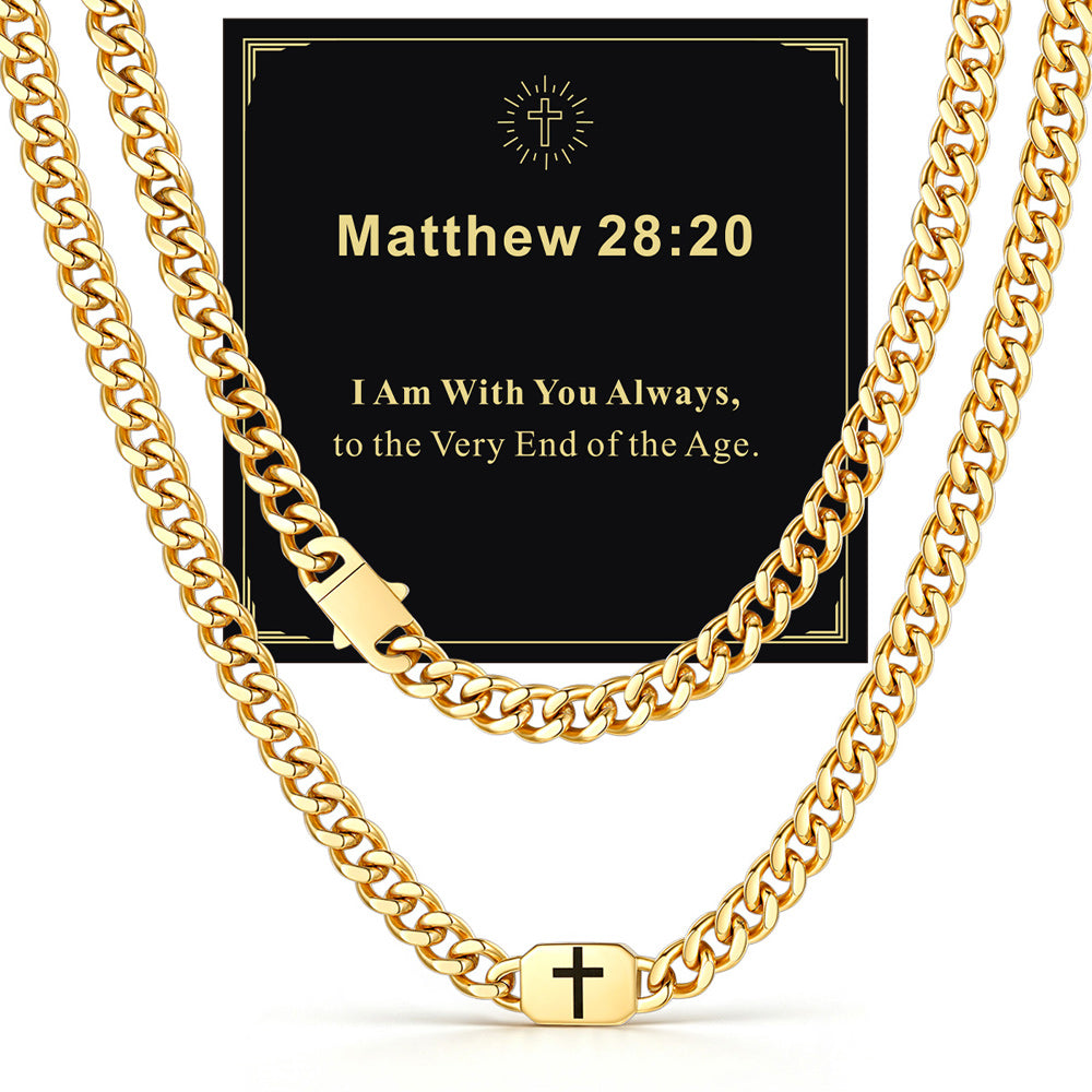 14k Gold 9mm Matthew 28:20 — Bible Verse Cross Cuban Chain Link Necklace for Men