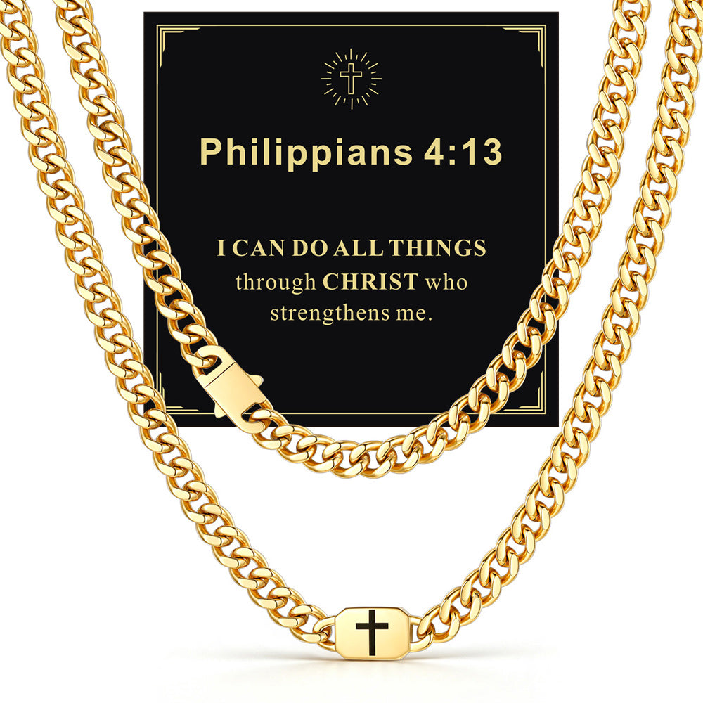 14k Gold 9mm Philippians 4:13 — Bible Verse Cross Cuban Chain Link Necklace for Men
