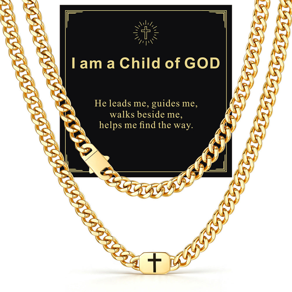 14k Gold 9mm I am a Child of GOD — Bible Verse Cross Cuban Chain Link Necklace for Men