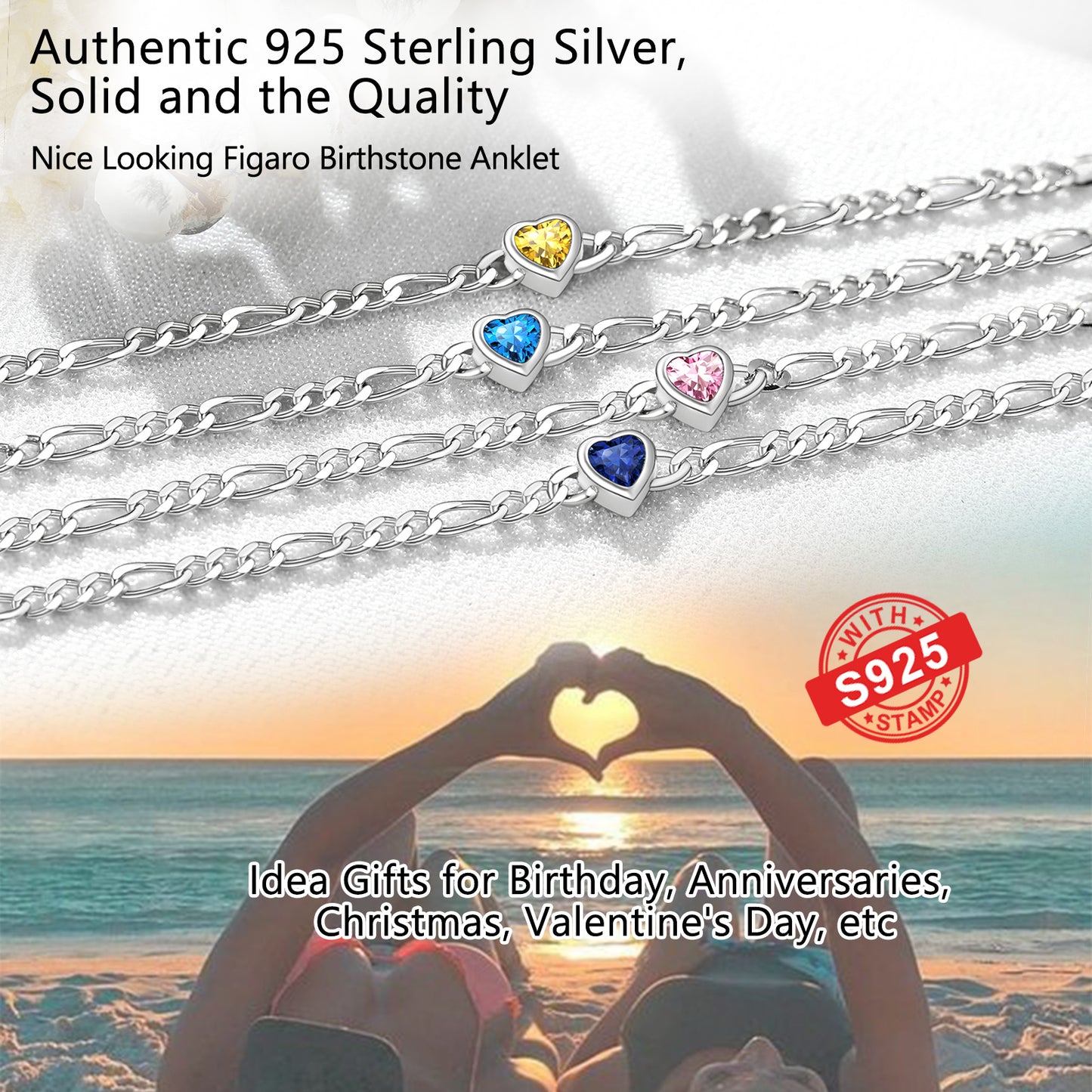925 Sterling Silver Birthstone Dainty Heart Anklets for Women