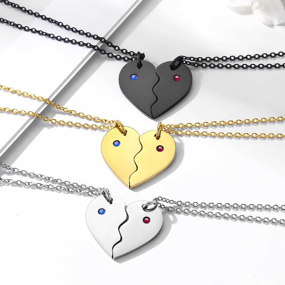 Custom Heart Matching Necklaces with Birthstone for Couples Friends Girlfriend 2 Pcs