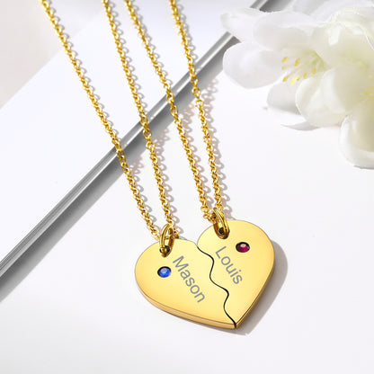 Custom Heart Matching Necklaces with Birthstone for Couples Friends Girlfriend 2 Pcs