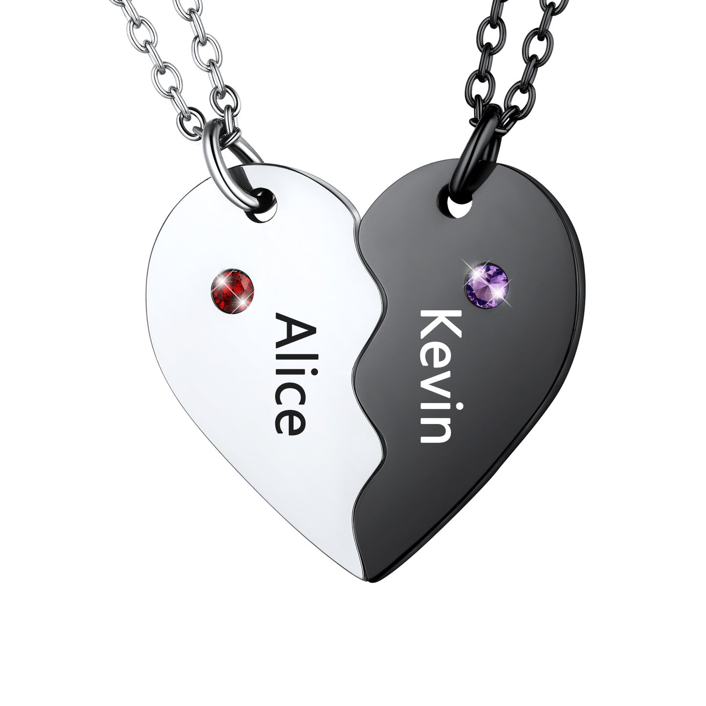 Personalized Couple Matching Heart Necklaces with Names and Birthstones