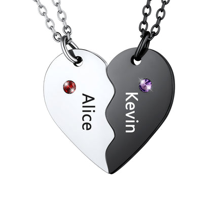 Custom Heart Matching Necklaces with Birthstone for Couples Friends Girlfriend 2 Pcs