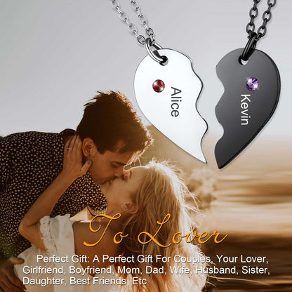 Custom Heart Matching Necklaces with Birthstone for Couples Friends Girlfriend 2 Pcs