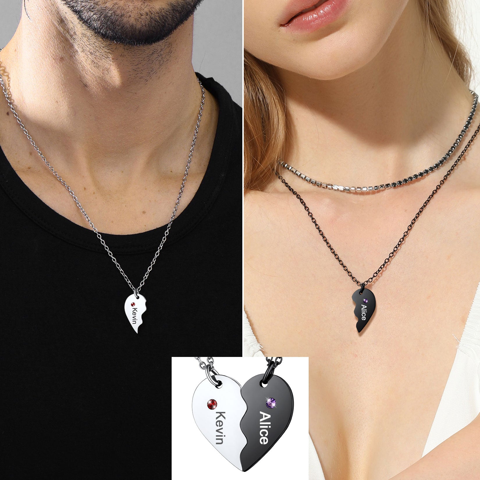 Custom Heart Matching Necklaces with Birthstone for Couples Friends Girlfriend 2 Pcs