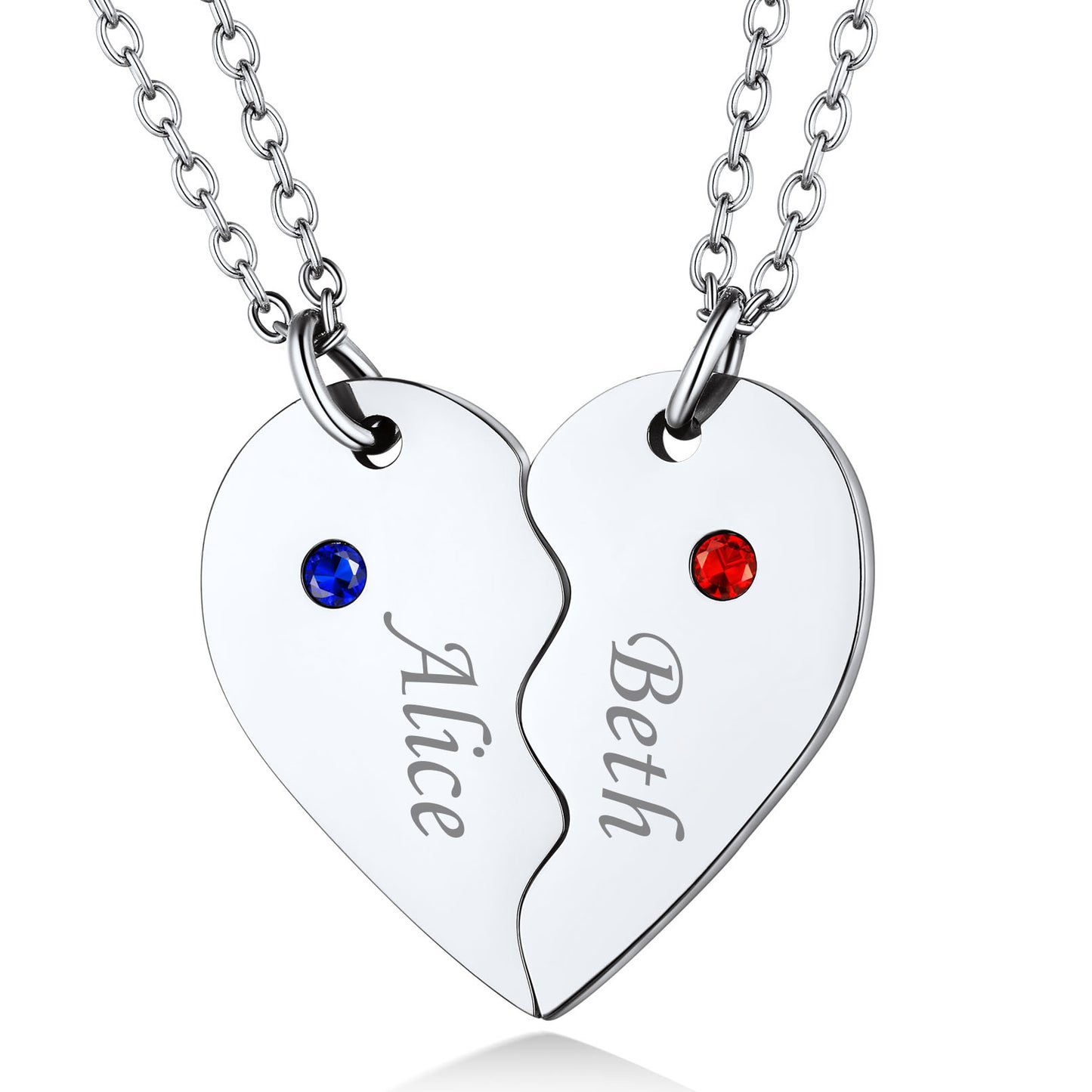 Matching heart necklaces for couples, engraved with names and birthstones