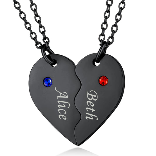 Custom Heart Matching Necklaces with Birthstone for Couples Friends Girlfriend 2 Pcs