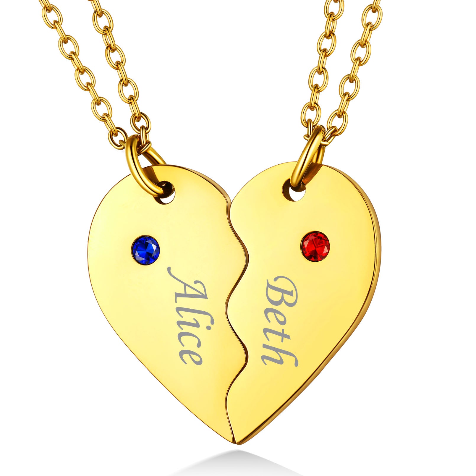 Custom Heart Matching Necklaces with Birthstone for Couples Friends Girlfriend 2 Pcs