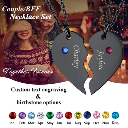 Custom Heart Matching Necklaces with Birthstone for Couples Friends Girlfriend 2 Pcs