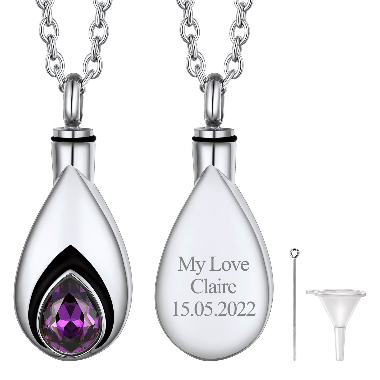 Silver Custom Tear Drop Birthstone Urn Necklace for Ashes