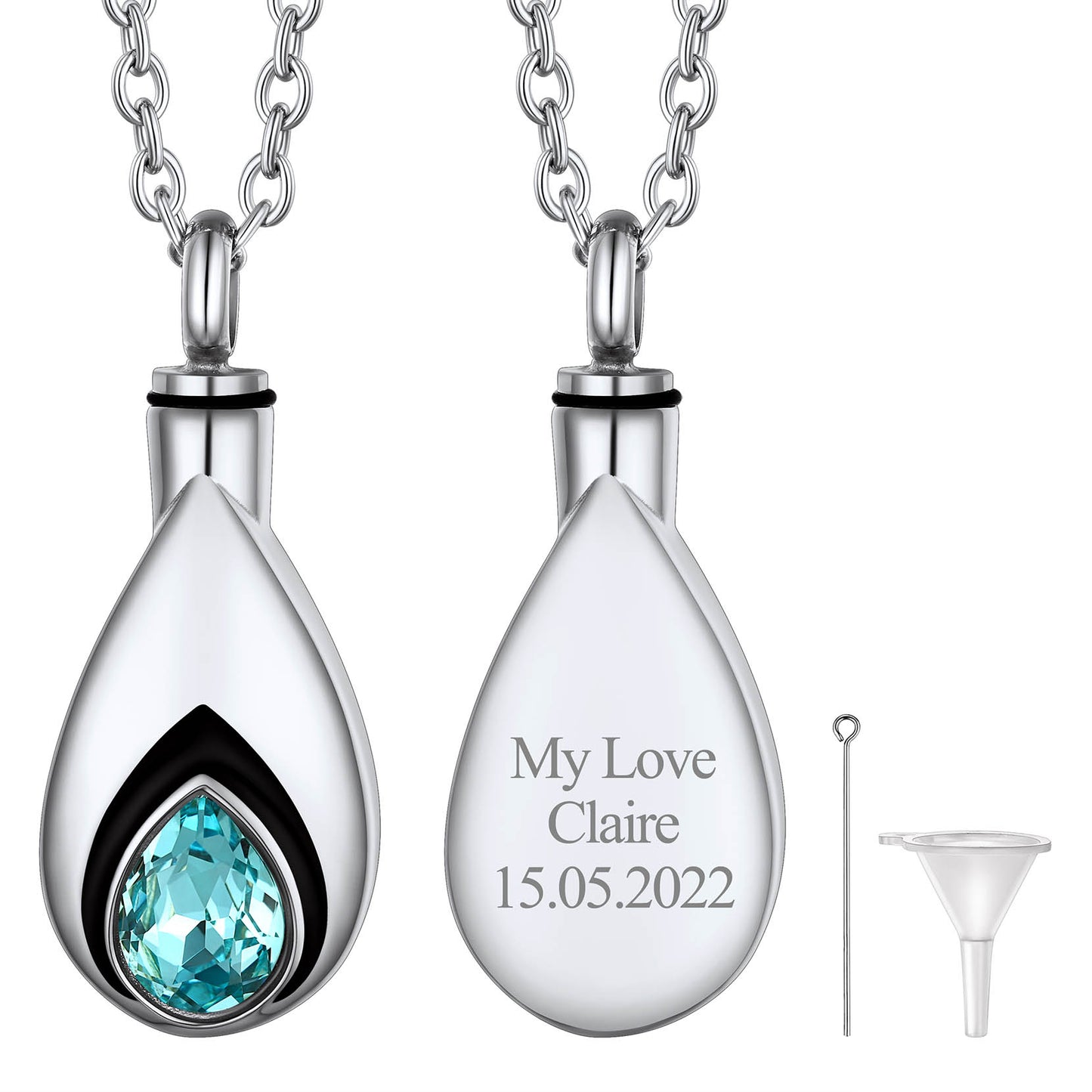 Silver Custom Tear Drop Birthstone Urn Necklace for Ashes