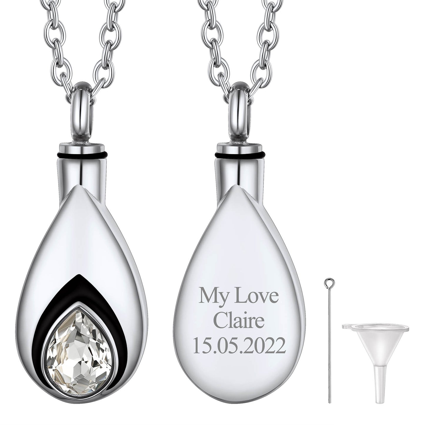 Silver Custom Tear Drop Birthstone Urn Necklace for Ashes