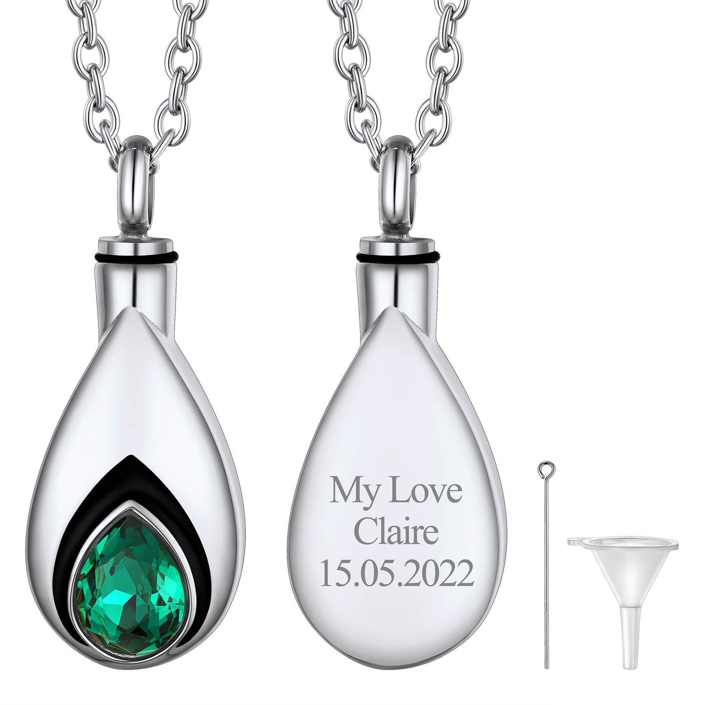 Silver Custom Tear Drop Birthstone Urn Necklace for Ashes
