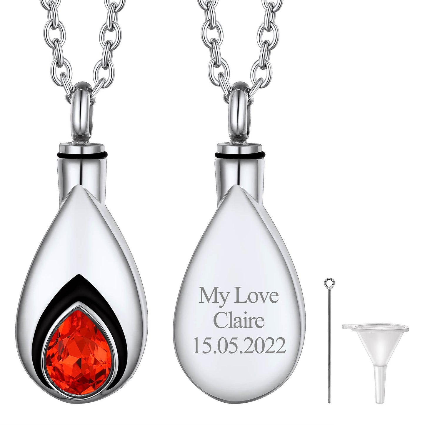 Silver Custom Tear Drop Birthstone Urn Necklace for Ashes