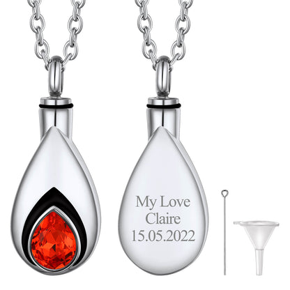Silver Custom Tear Drop Birthstone Urn Necklace for Ashes