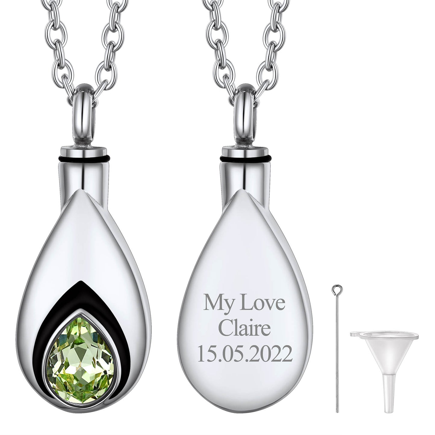 Silver Custom Tear Drop Birthstone Urn Necklace for Ashes