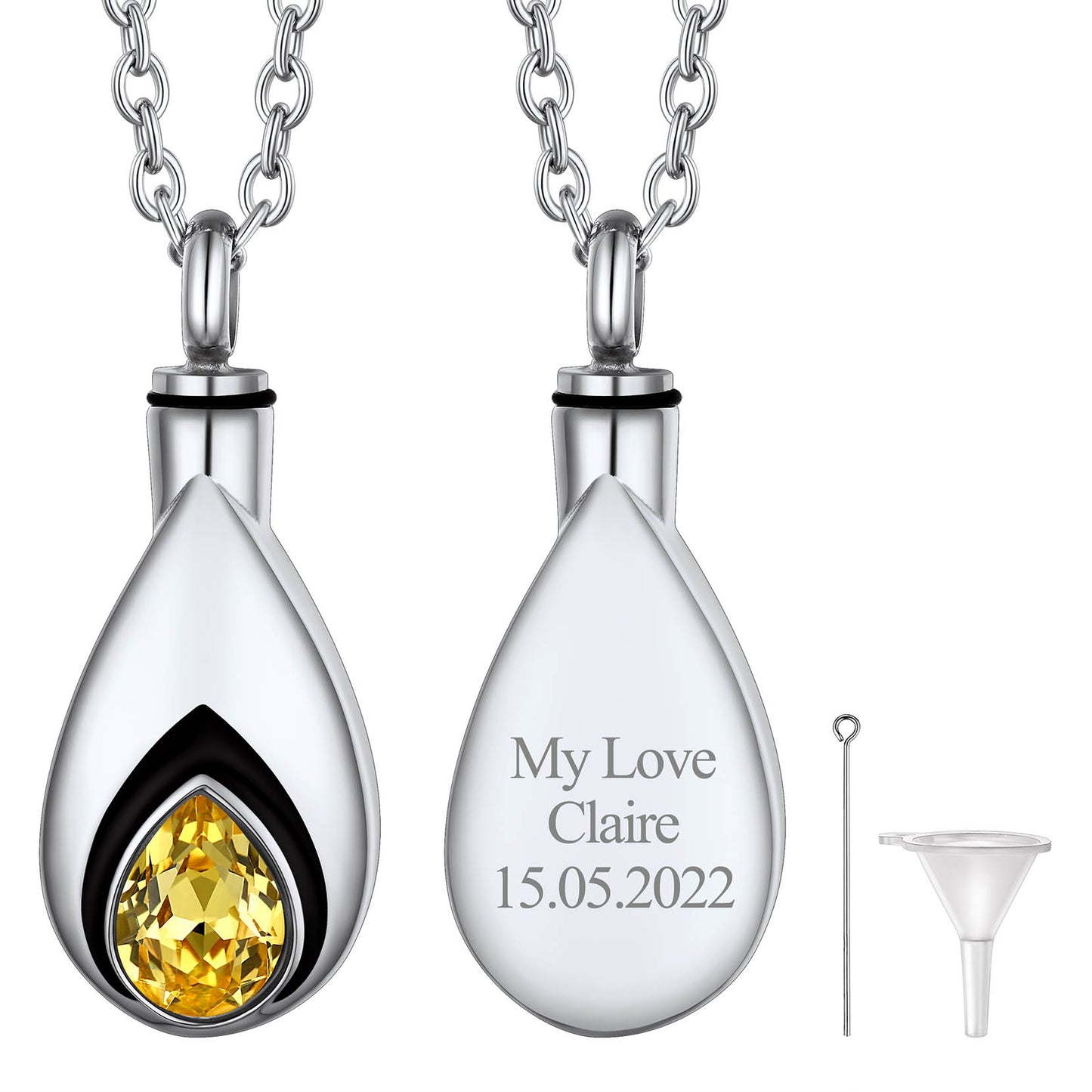 Silver Custom Tear Drop Birthstone Urn Necklace for Ashes