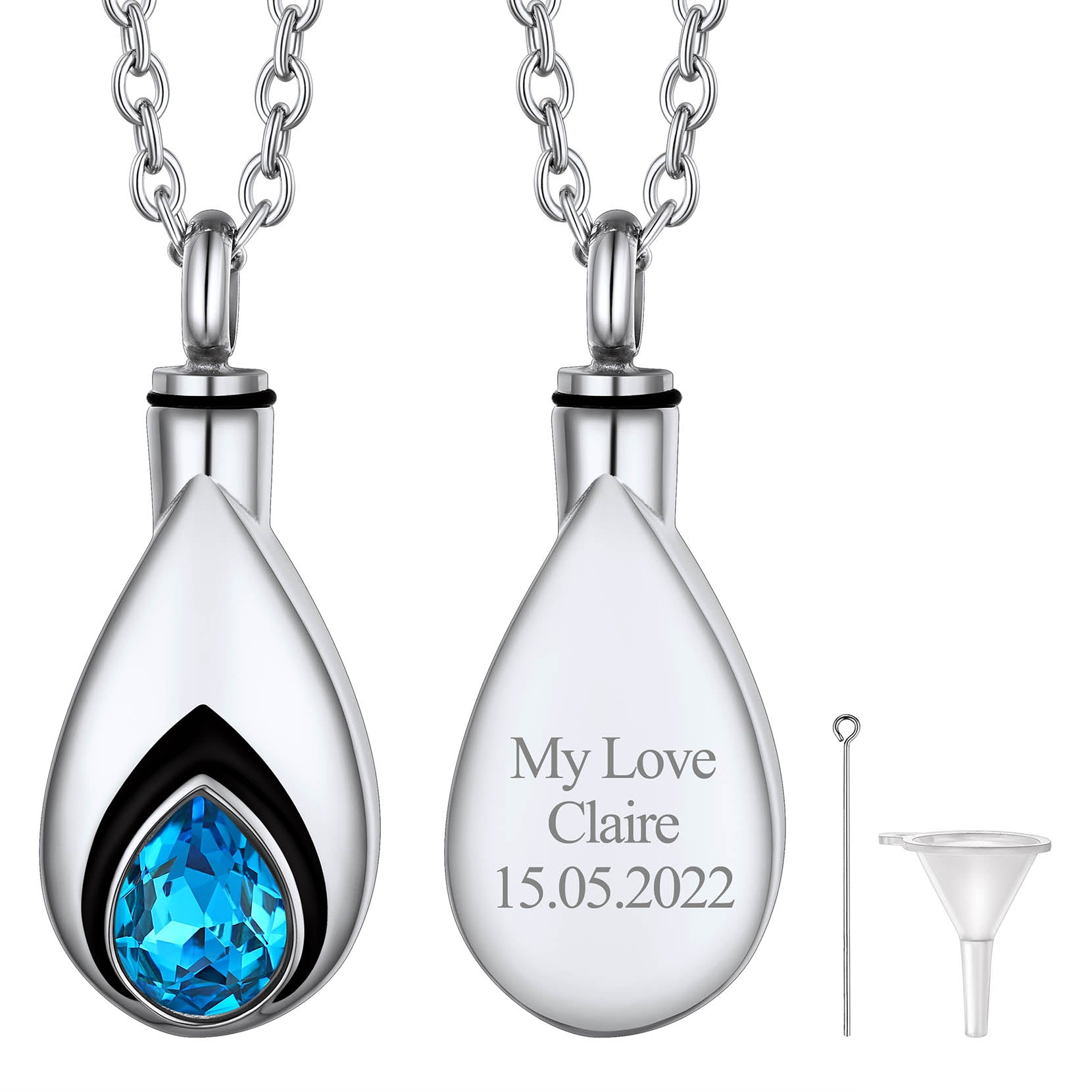 Silver Custom Tear Drop Birthstone Urn Necklace for Ashes