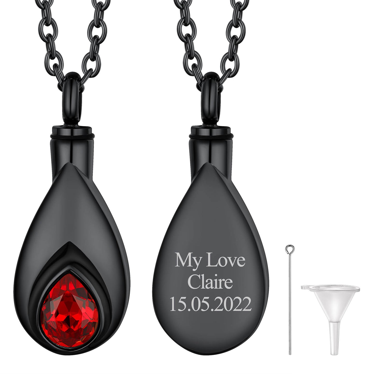Black Custom Tear Drop Birthstone Urn Necklace for Ashes