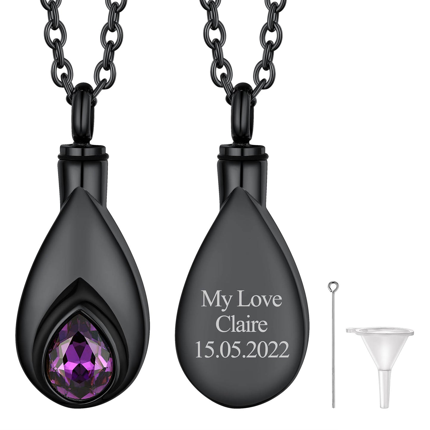Black Custom Tear Drop Birthstone Urn Necklace