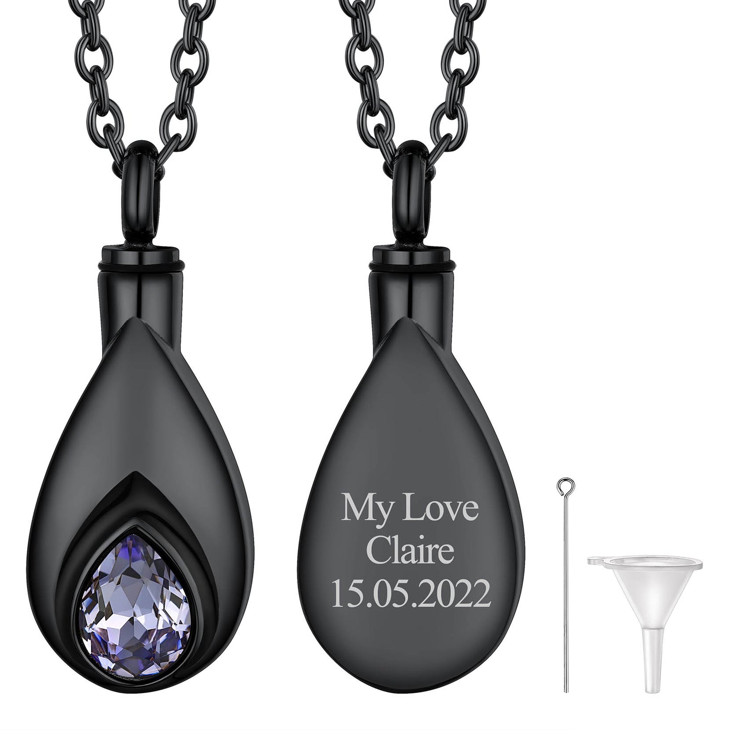 Black Custom Tear Drop Birthstone Urn Necklace for Ashes