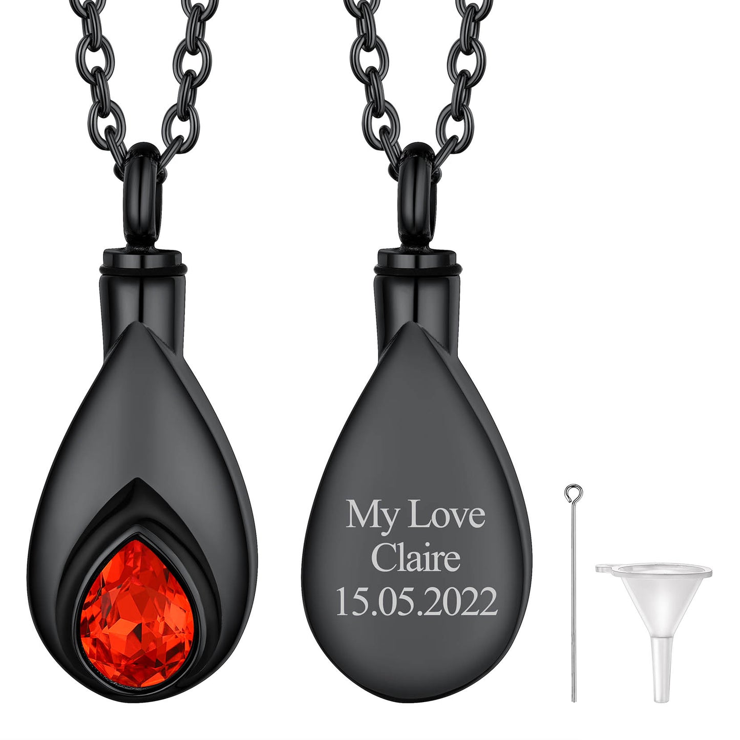 Black Custom Tear Drop Birthstone Urn Necklace for Ashes