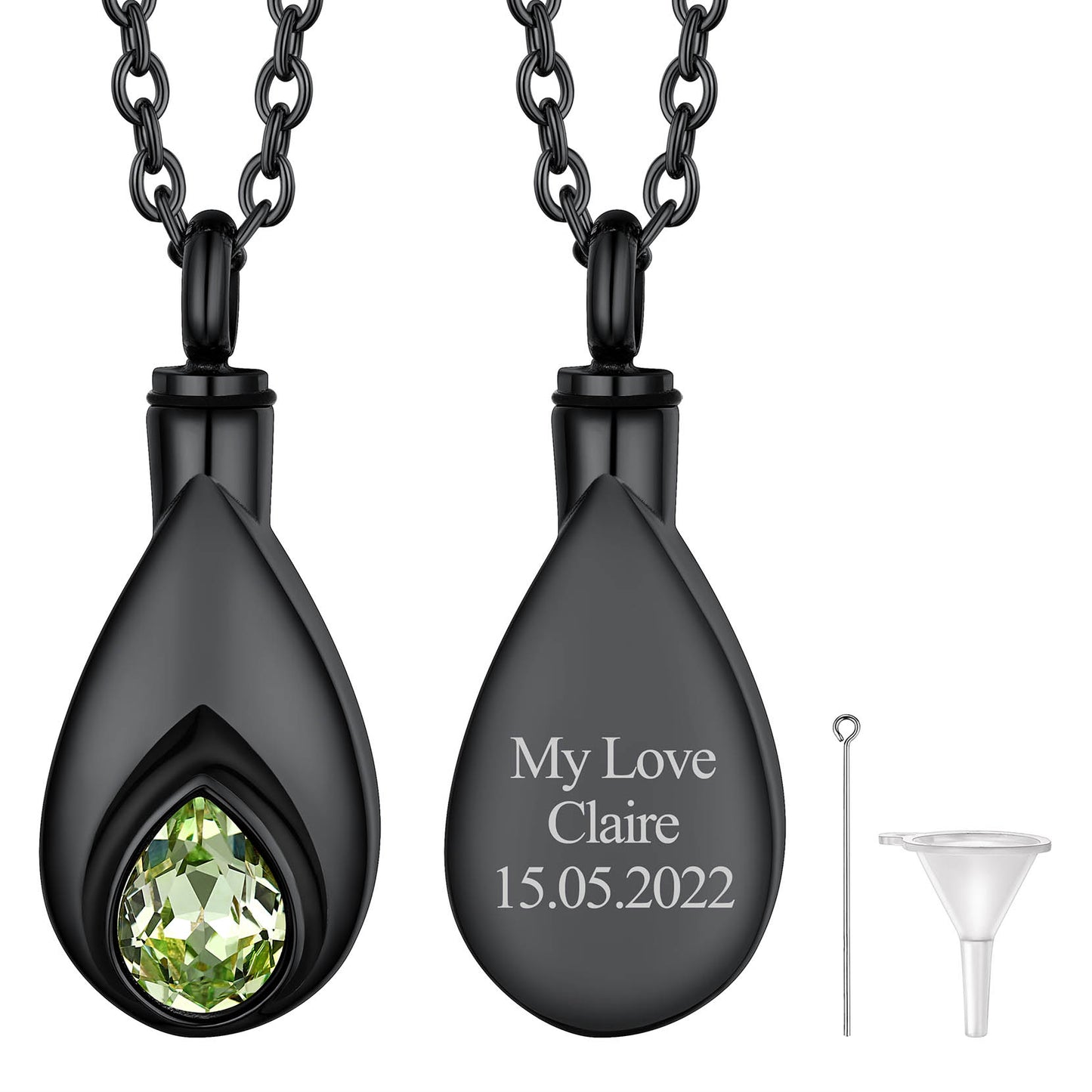 Black Custom Tear Drop Birthstone Urn Necklace for Ashes