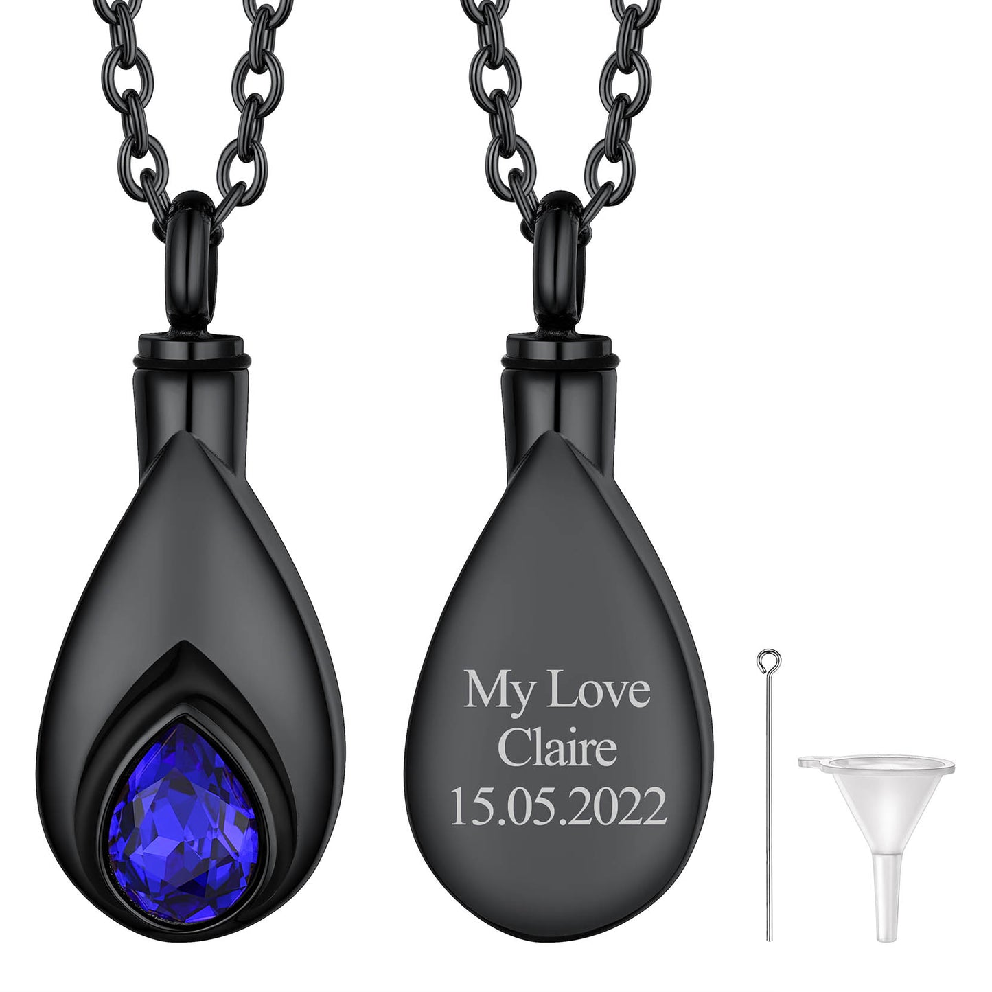 Black Custom Tear Drop Birthstone Urn Necklace for Ashes