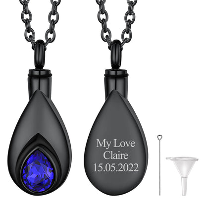 Black Custom Tear Drop Birthstone Urn Necklace for Ashes