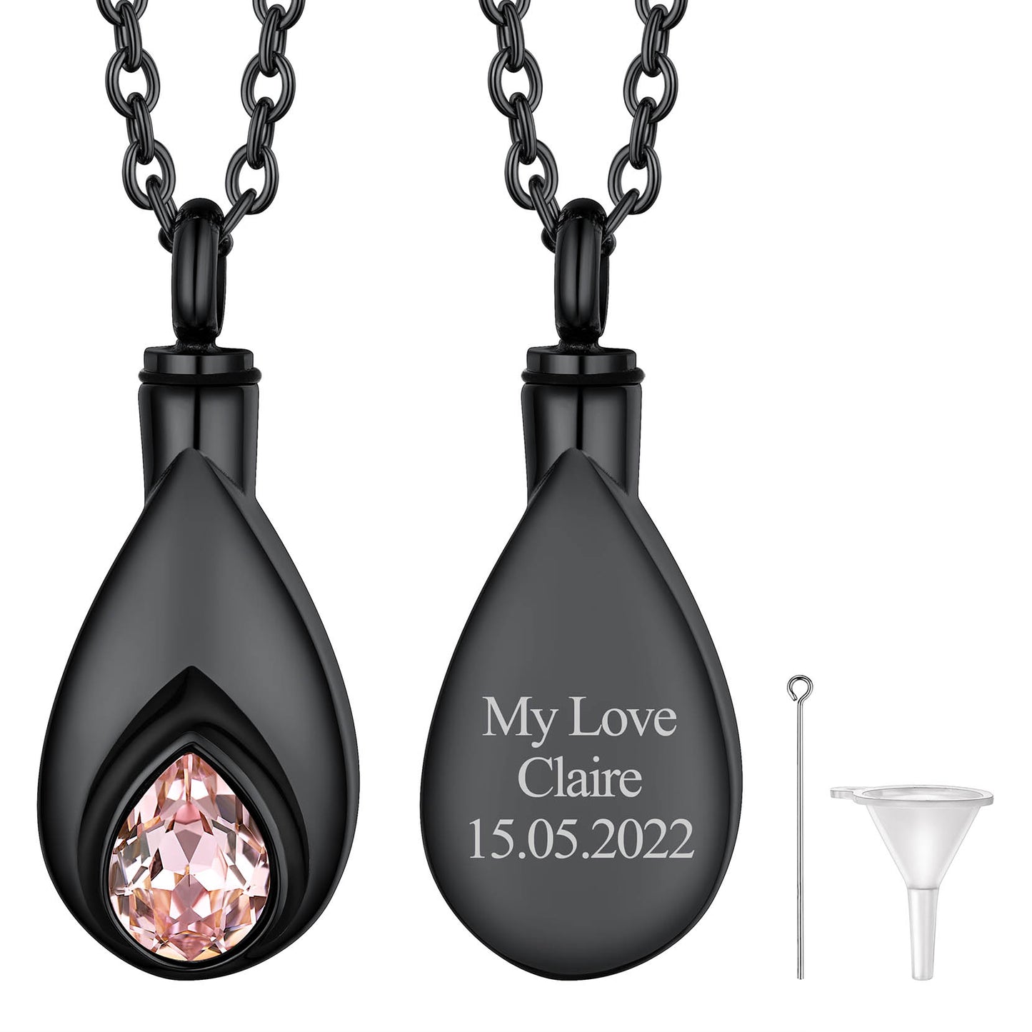 Black Custom Tear Drop Birthstone Urn Necklace for Ashes