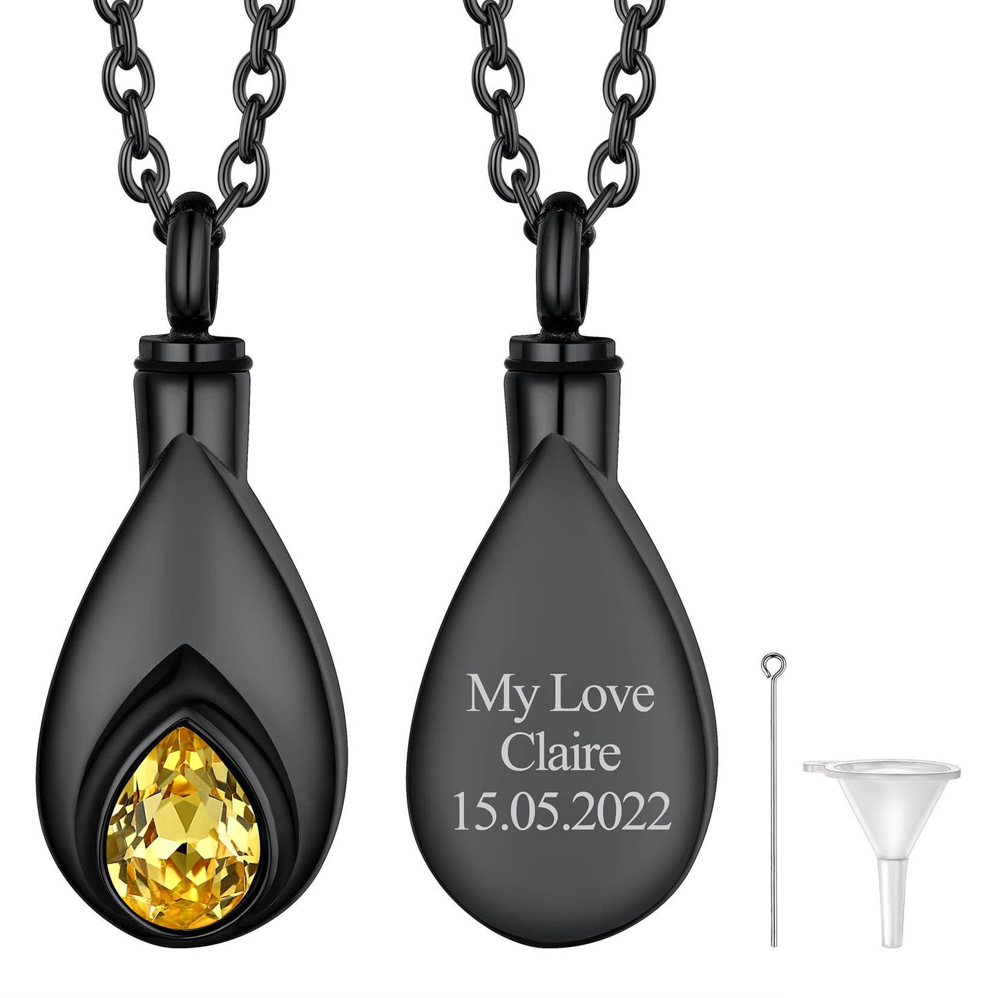 Black Custom Tear Drop Birthstone Urn Necklace for Ashes