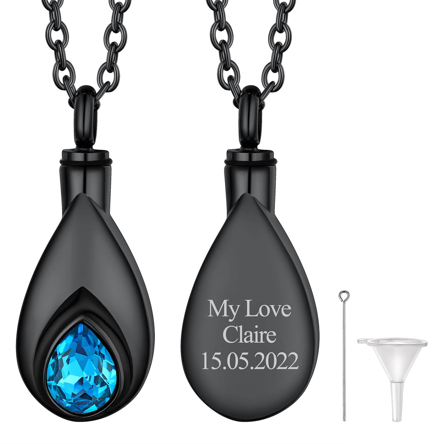 Black Custom Tear Drop Birthstone Urn Necklace for Ashes